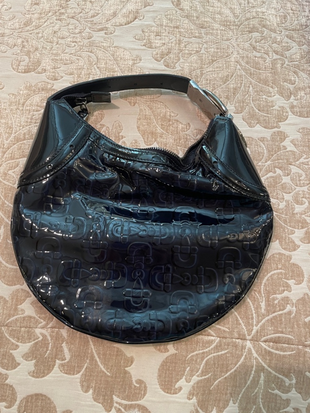 Gucci Navy Patent Crescent Shoulder Bag with Embossed Logo